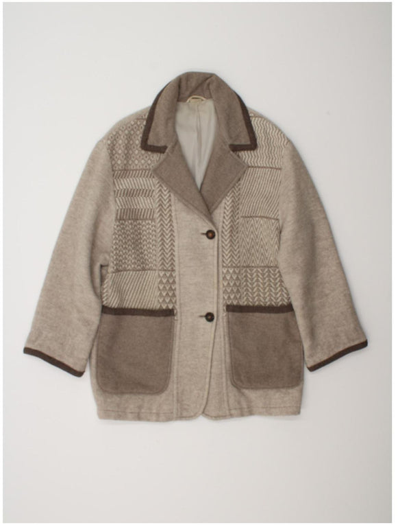 Vintage Womens Loose Fit Overcoat UK 8 Small Beige Geometric Wool