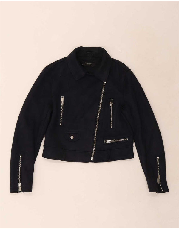 Женская укороченная байкерская куртка Zara UK 10, маленькая, темно-синяя