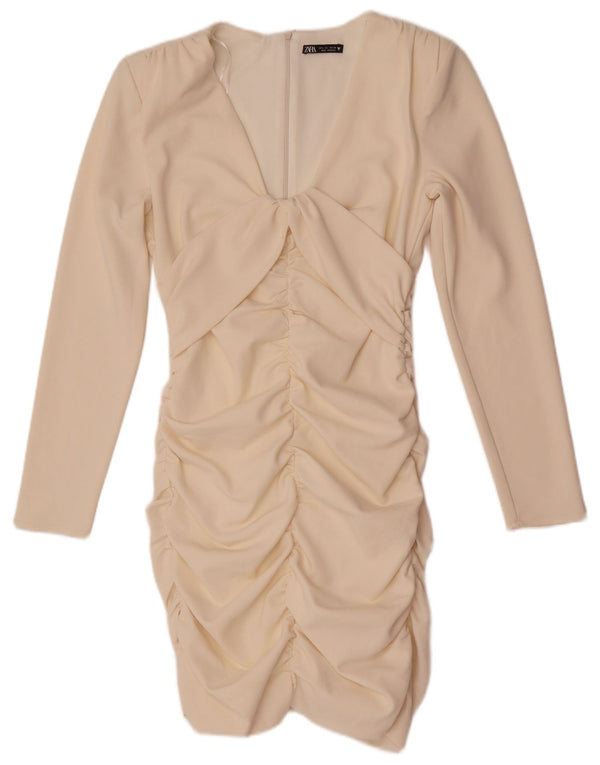 Zara Womens Long Sleeve Bodycon Dress UK 14 Large Off White Polyester