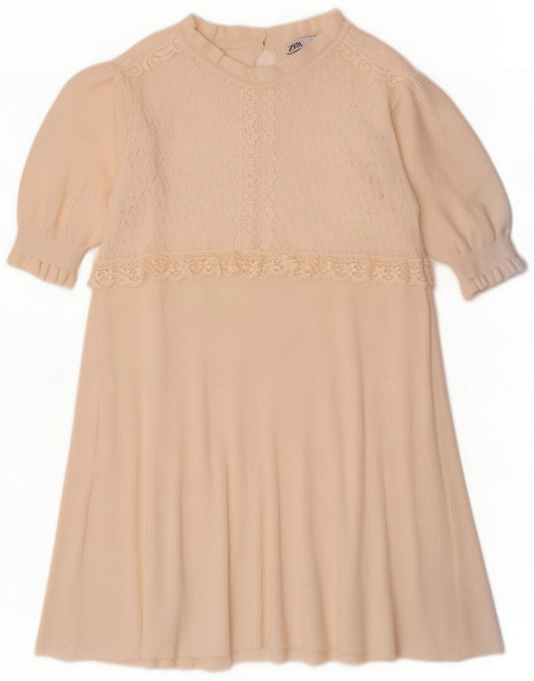 Zara Женское трикотажное многоуровневое платье с рукавом 3/4 UK 14 Medium Off White Polyester