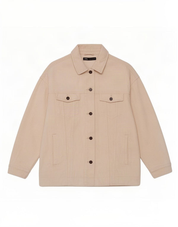 Женская вельветовая куртка оверсайз Zara UK 14, хлопковый средний оттенок белого цвета