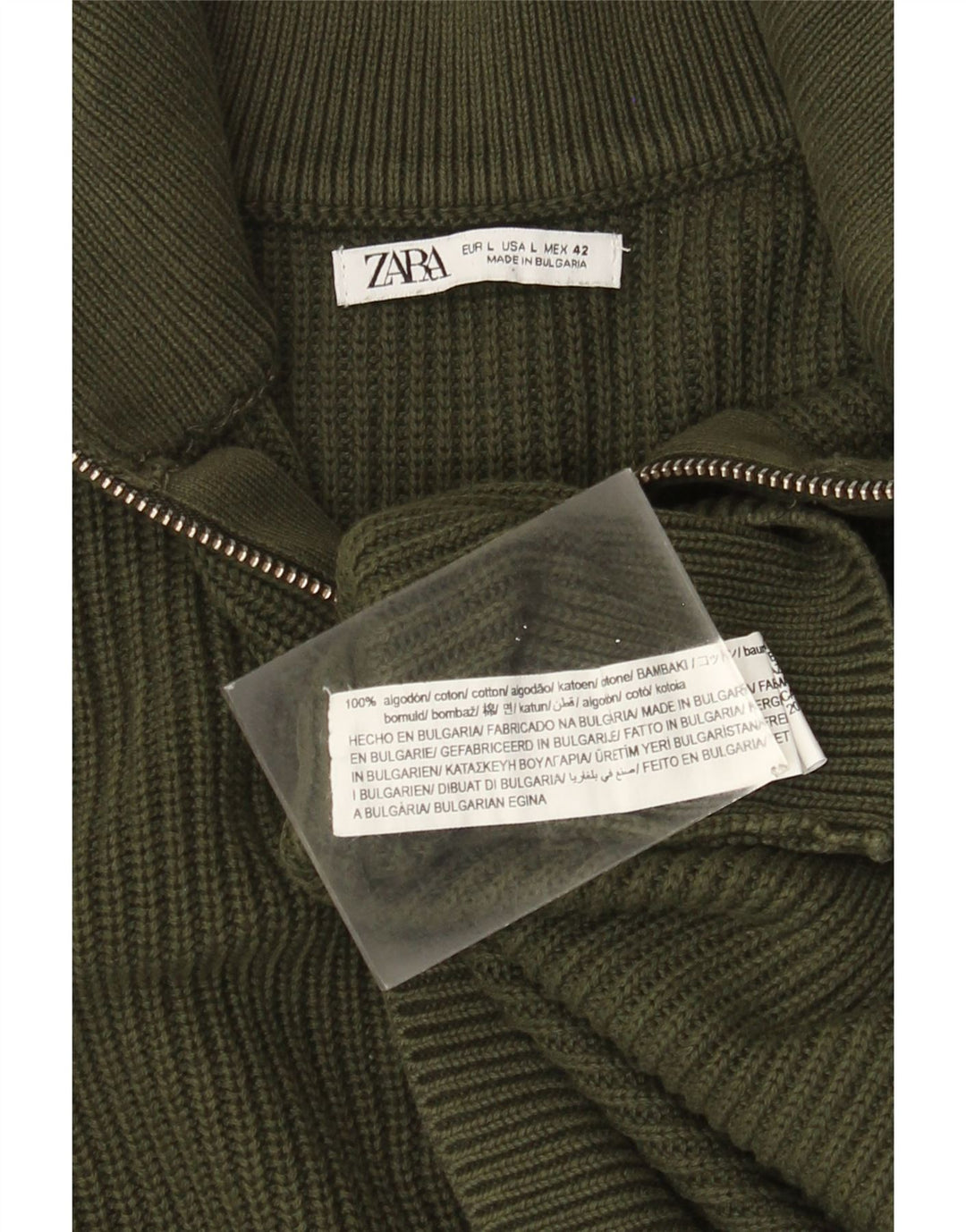 Мужской джемпер с воротником на молнии ZARA, большой зеленый хлопковый свитер