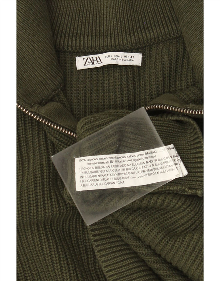 Мужской джемпер с воротником на молнии ZARA, большой зеленый хлопковый свитер