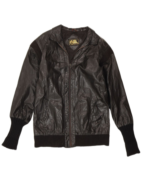 ВИНТАЖНАЯ Женская Кожаная Куртка UK 14 Средний Черный Кожаный