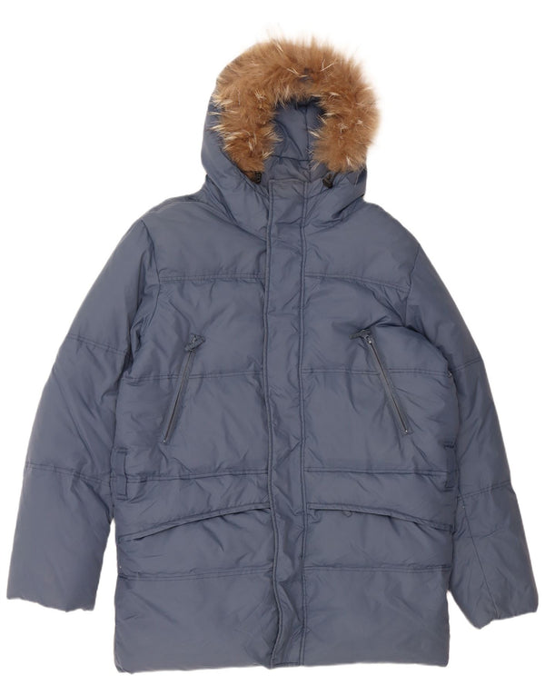 ВИНТАЖНОЕ мужское стеганое пальто свободного кроя с капюшоном, Великобритания 36, маленький синий нейлон