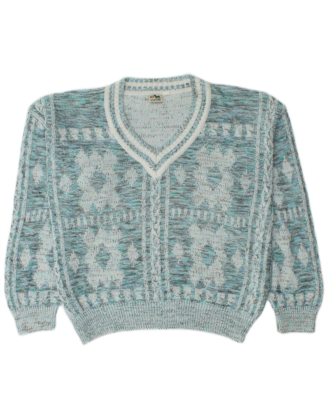 Винтажный мужской джемпер с v-образным вырезом IT 52, большой синий хлопок с геометрическим рисунком