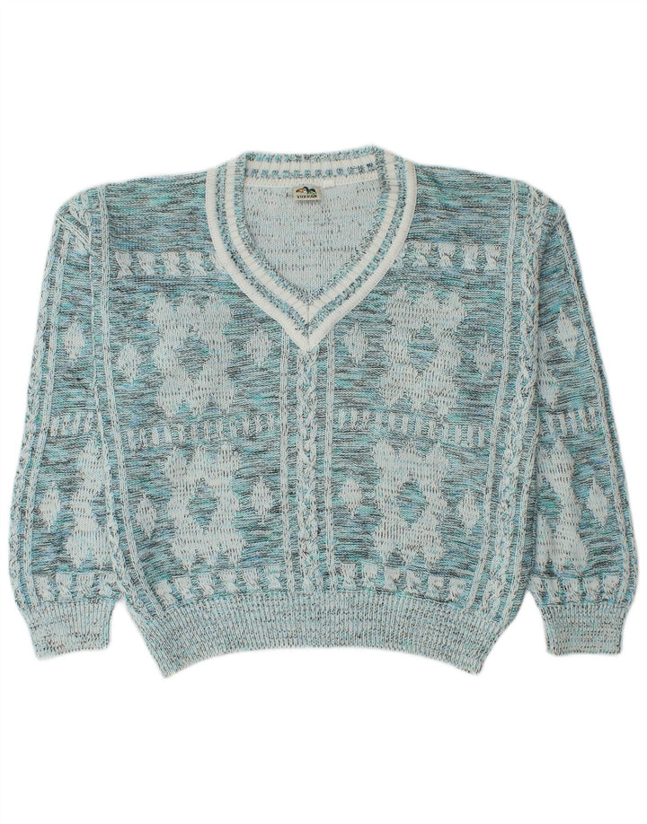 Винтажный мужской джемпер с v-образным вырезом IT 52, большой синий хлопок с геометрическим рисунком