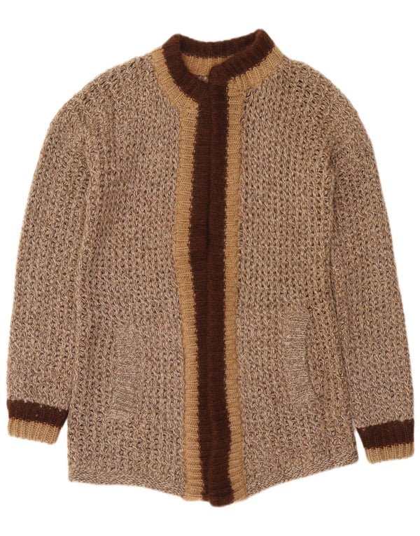 Винтажный женский открытый кардиган-свитер UK 14, средний коричневый цвет из мохера с цветными блоками