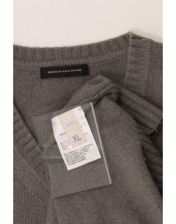 SERGIO TACCHINI Womens V-Neck Jumper Sweater XL Grey Wool Vintage Sergio Tacchini and Second-Hand Sergio Tacchini from Messina Hembry 