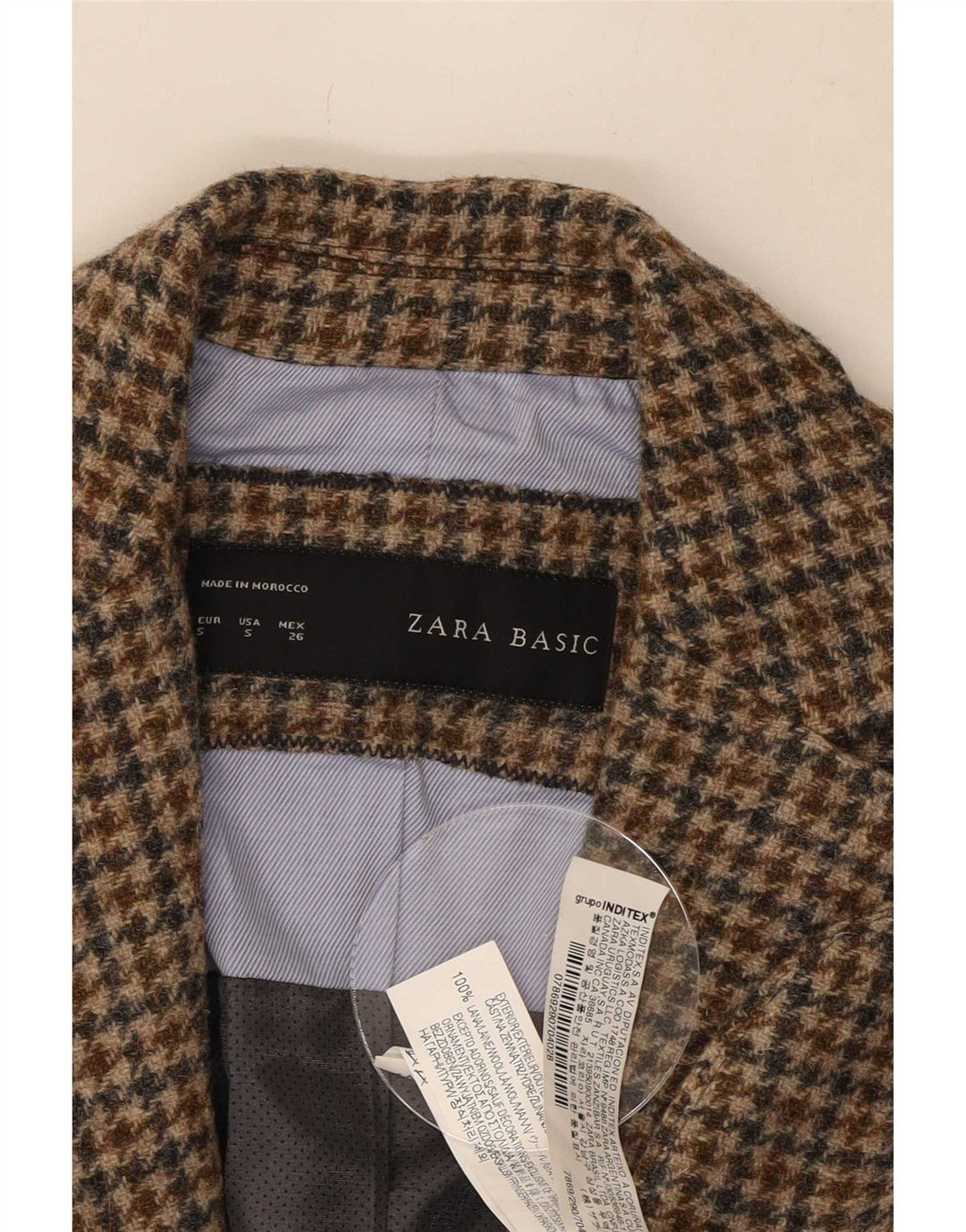 Женский пиджак Zara на 1 пуговице UK 10, маленький коричневый, шерстяной с узором «гусиные лапки»