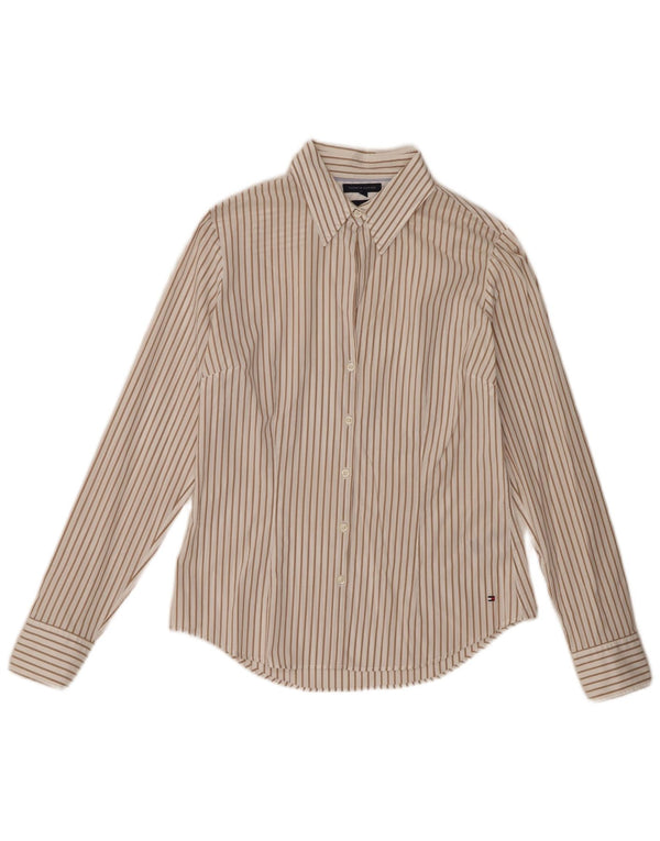 Tommy Hilfiger Womens Stretch Shirt US 8 Medium Beige Striped Cotton