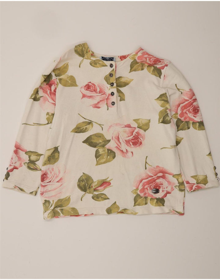 ВИНТАЖНЫЙ женский топ с длинным рукавом, Великобритания, 16, большой размер, белый, хлопковый с цветочным принтом