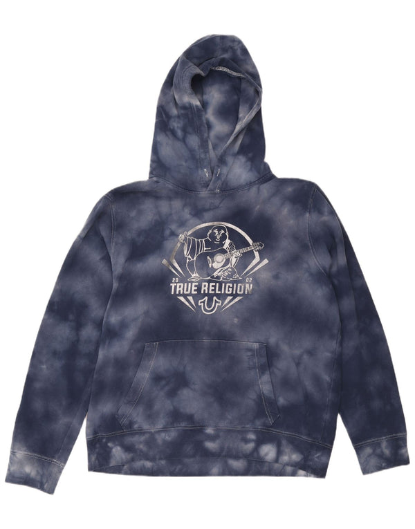 TRUE RELIGION Mens Graphic Hoodie Jumper 2XL Navy Blue Tie Dye Cotton