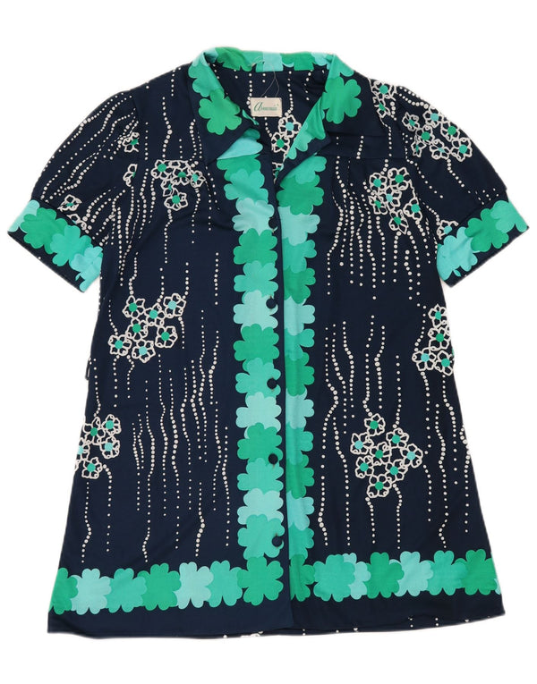 ВИНТАЖНОЕ женское платье-рубашка с короткими рукавами, Великобритания 14, большой темно-синий цветочный принт