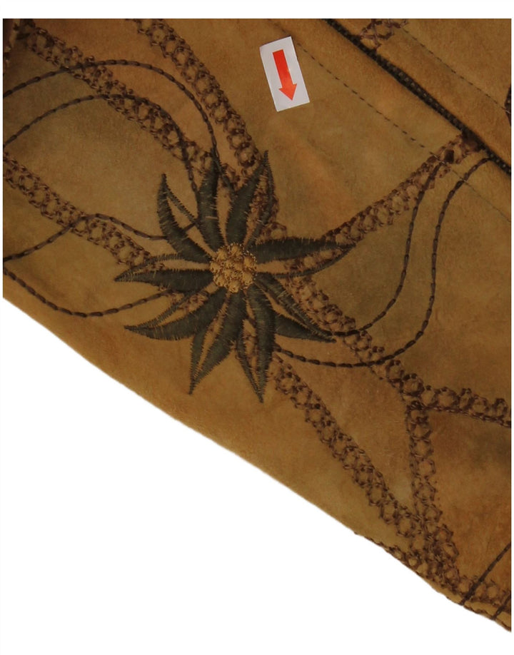 ВИНТАЖНЫЙ женский замшевый жилет EU 38 средний коричневый кожаный с цветочным принтом