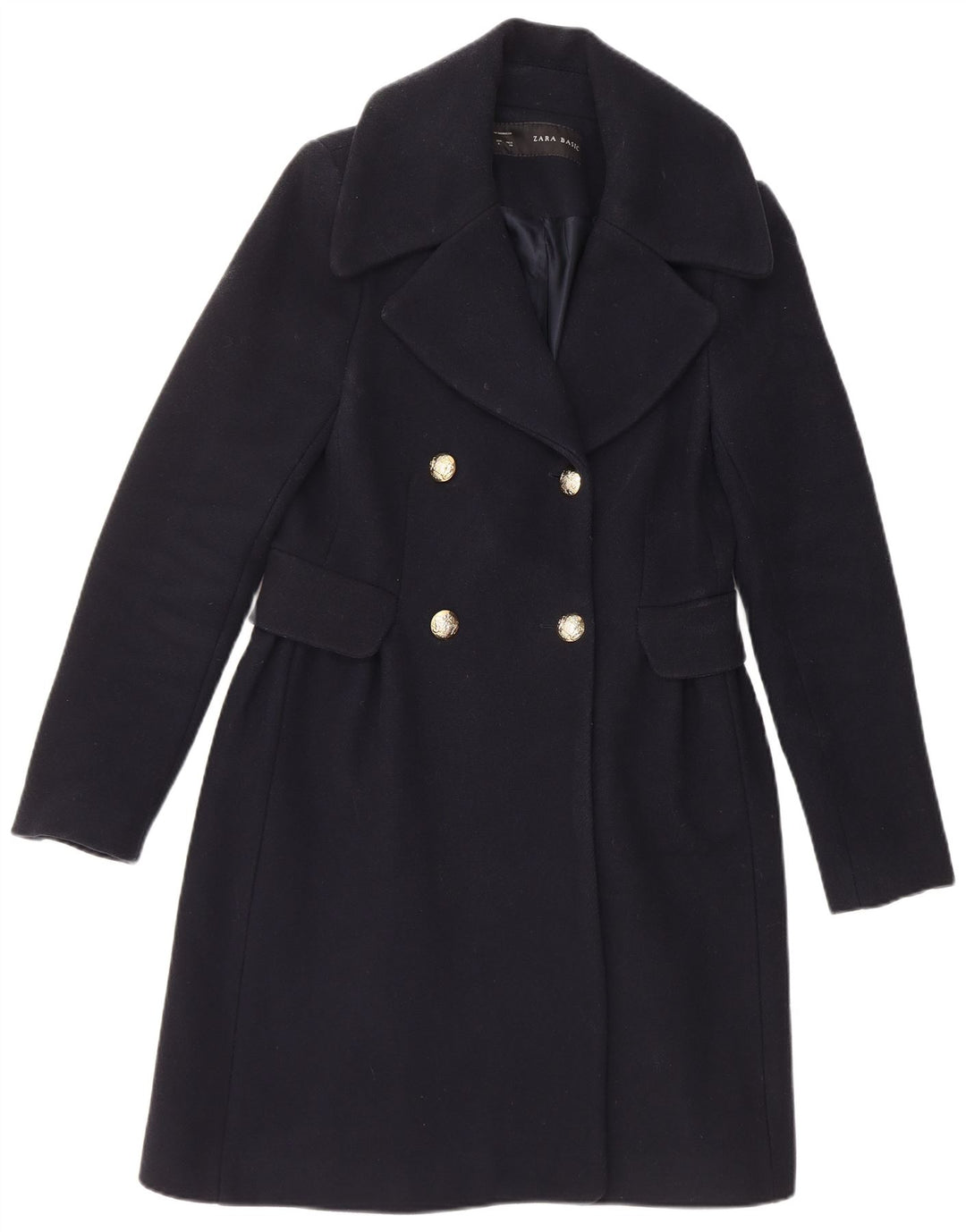 Женское двубортное пальто Zara UK 14, темно-синее, большое, шерсть