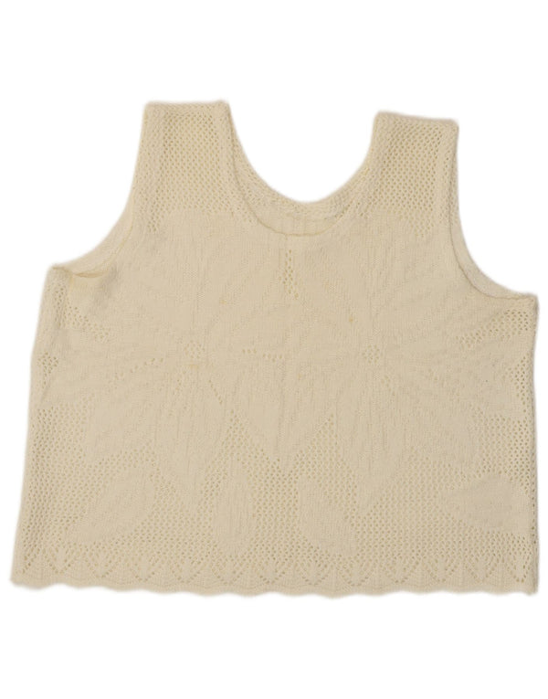 Винтажная женская укороченная майка без рукавов, Великобритания, 16, большой белый с цветочным принтом