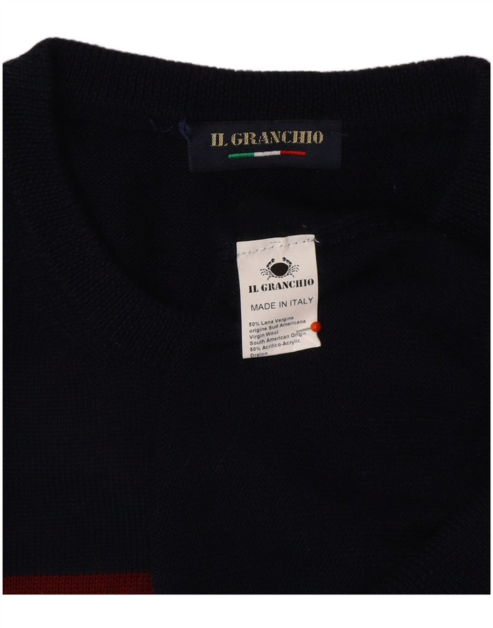 IL GRANCHIO Mens Crew Neck Jumper Sweater Small Navy Blue Striped
