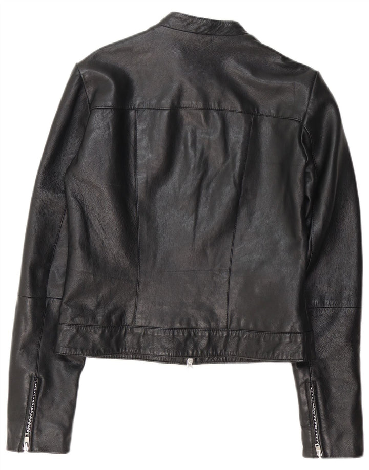 Винтажная женская кожаная куртка UK 14, черная кожа среднего размера