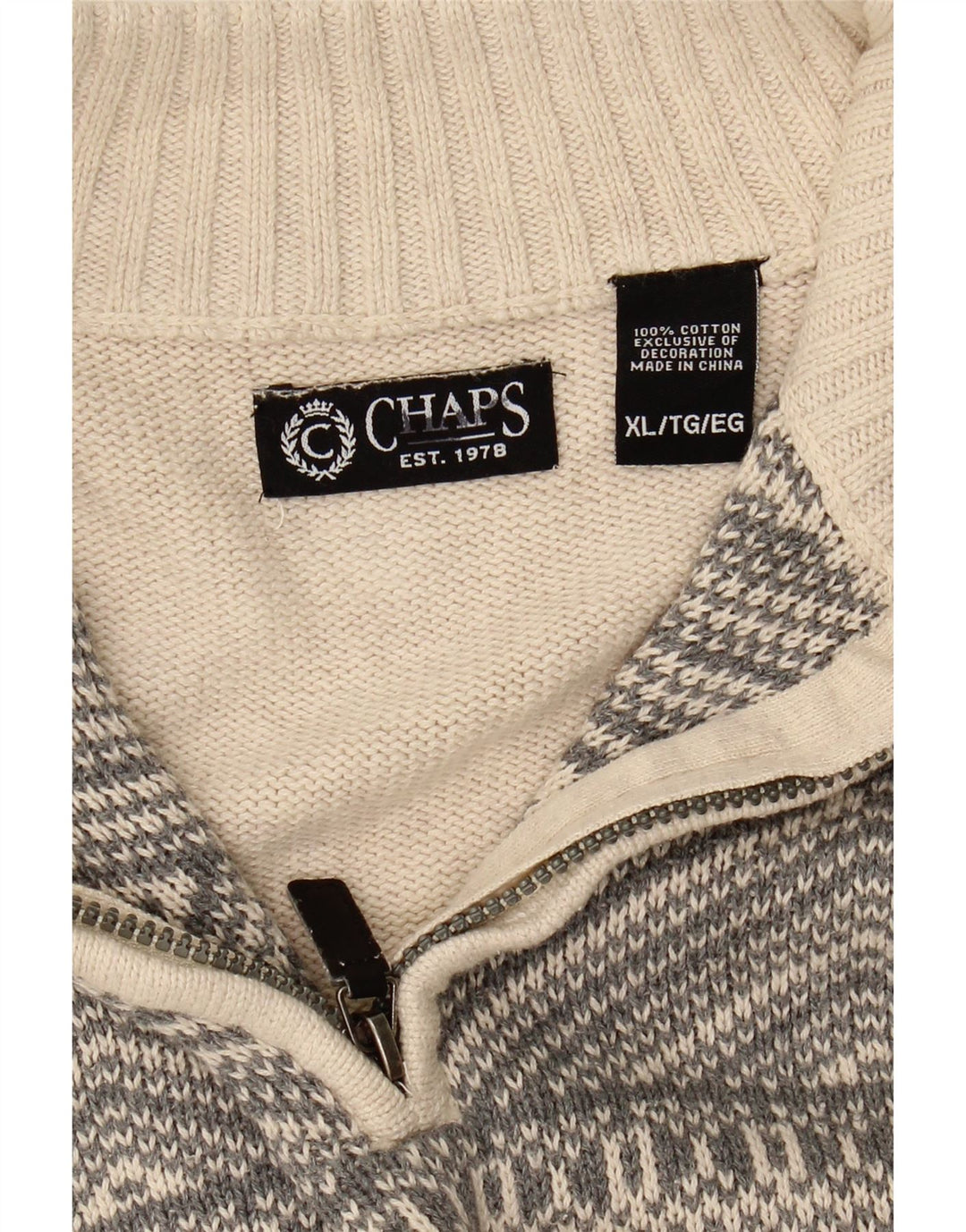 CHAPS Mens Zip Neck Jumper Sweater XL Grey Geometric Cotton