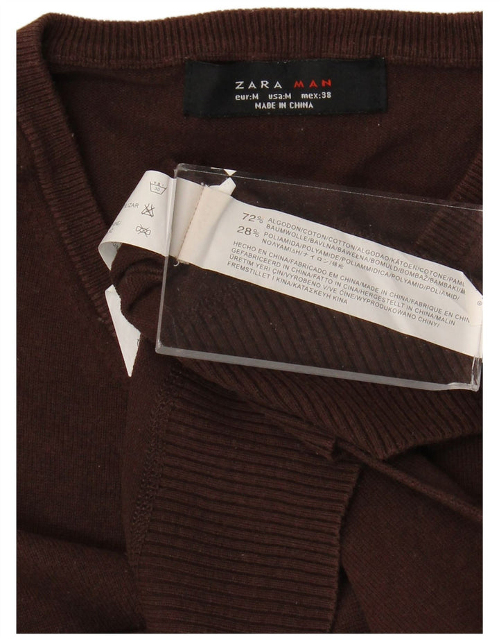 Мужской джемпер с v-образным вырезом Zara, хлопковый джемпер среднего коричневого цвета