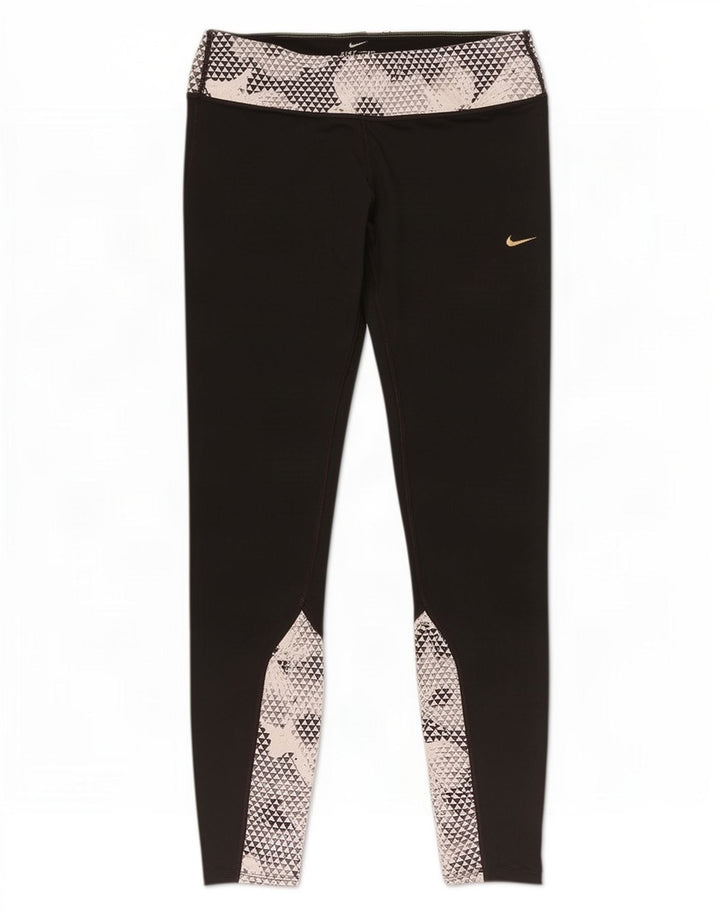Женские леггинсы Nike Dri Fit UK 14, средний черный, полиэстер с геометрическим рисунком