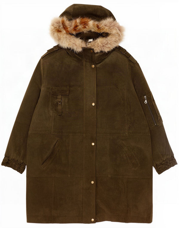 Винтажная женская замшевая парка с капюшоном, Великобритания, 24, 4XL, кожа цвета хаки