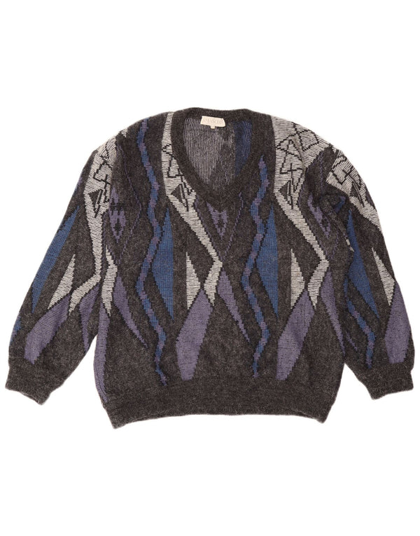 Винтажный мужской джемпер с v-образным вырезом IT 54 XL, серый, шерсть с геометрическим рисунком