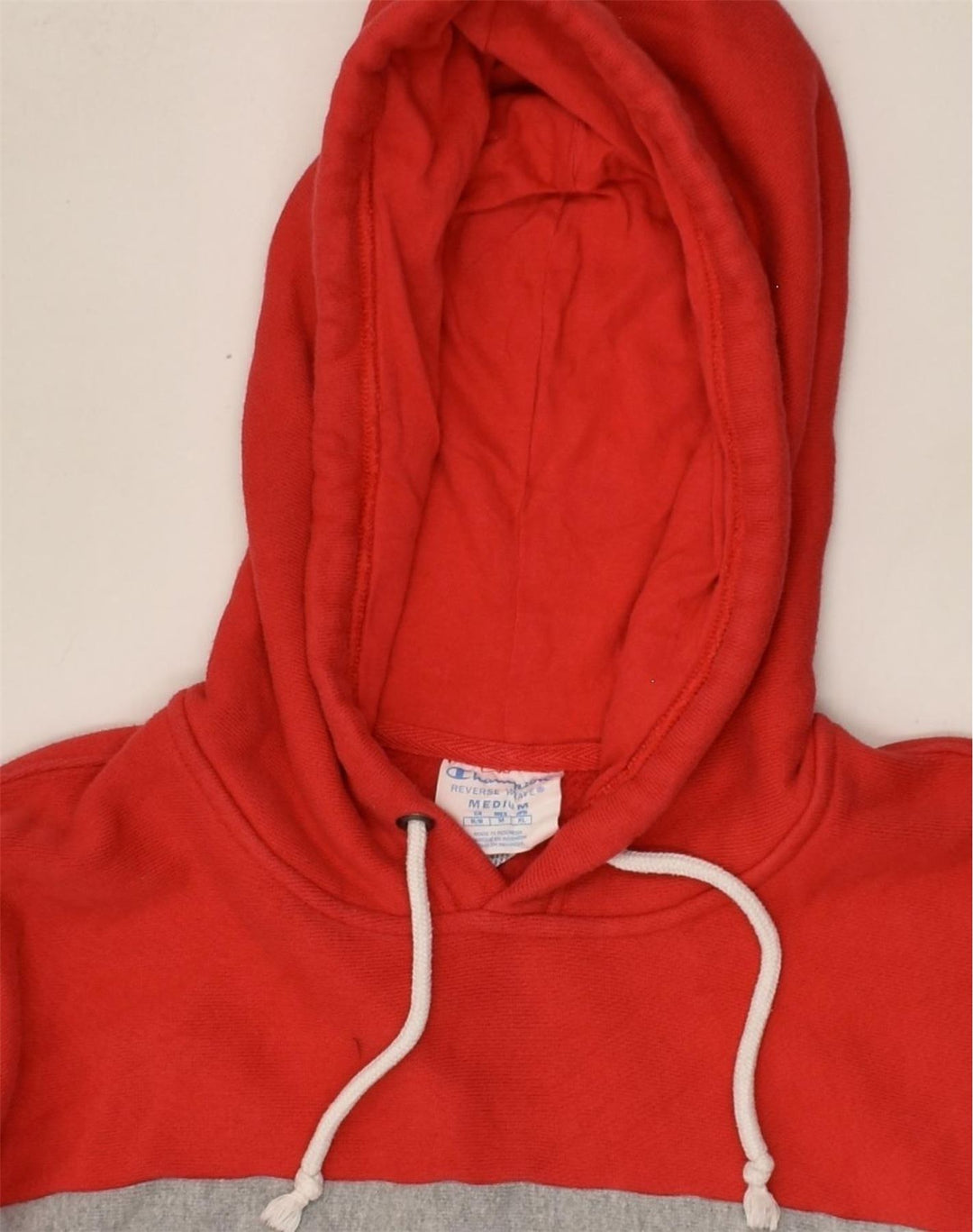 CHAMPION Womens Graphic Crop Hoodie Jumper UK 12 Medium Red Colourblock | Vintage Champion | Thrift | Second-Hand Champion | Used Clothing | Messina Hembry 