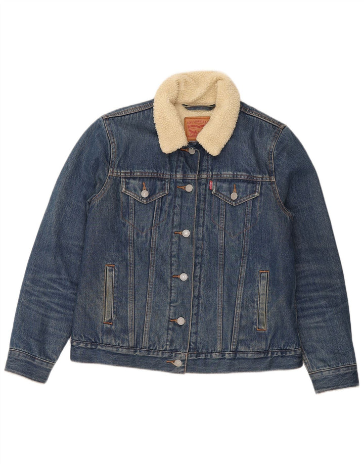 Женская джинсовая куртка из шерпы Levi's UK 14, хлопок среднего синего цвета