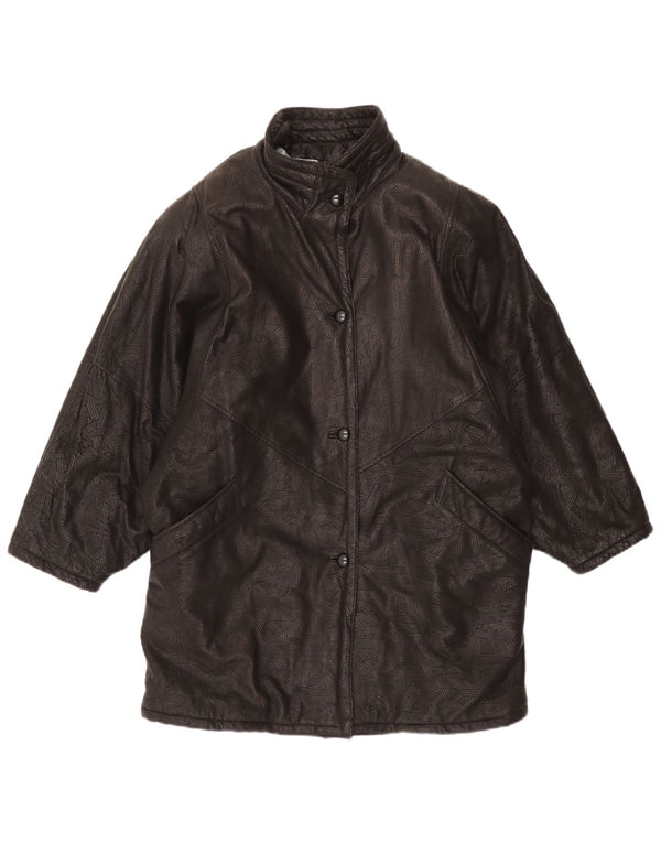 Винтажное женское кожаное пальто оверсайз UK 20 2XL, черное с геометрическим рисунком