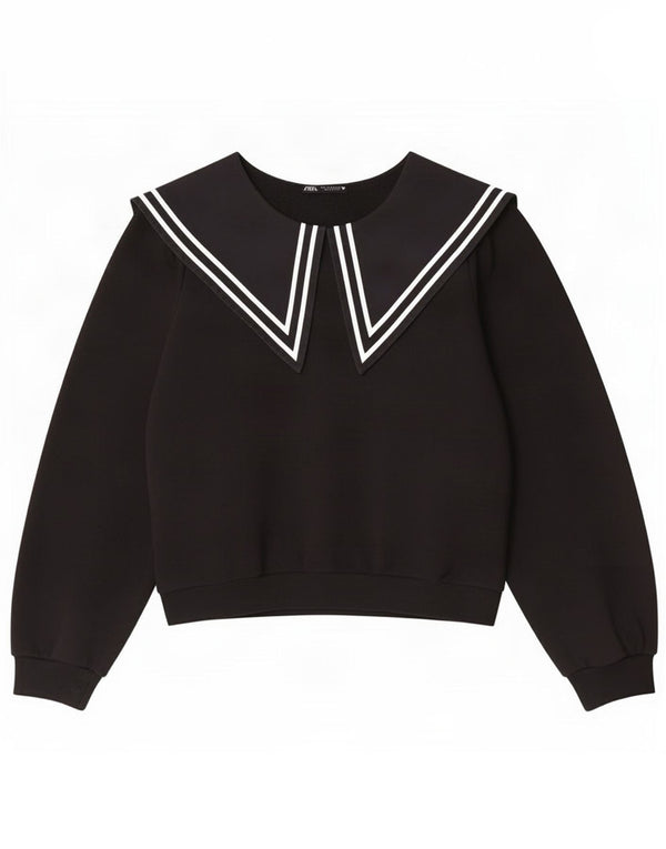 Zara Womens Crop Sweatshirt Jumper UK 12 Medium Black Striped Cotton