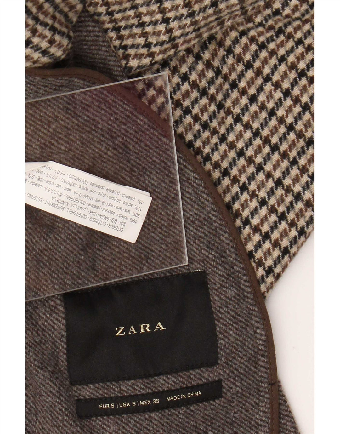 Zara Мужское пальто UK 36 Маленький коричневый полиэстер с узором «гусиные лапки»
