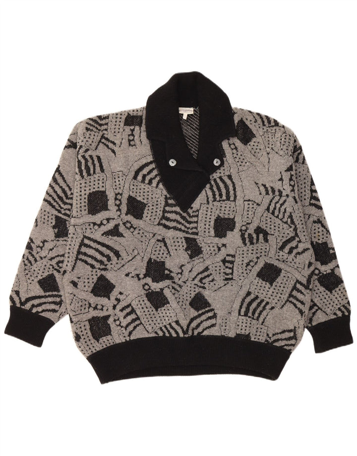 ВИНТАЖНЫЙ женский джемпер с отложным воротником, Великобритания, 16, большой серый с геометрическим узором