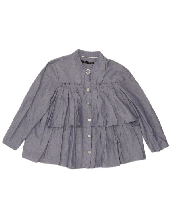 Женская блузка-рубашка свободного кроя с рюшами спереди Zara UK 6 XS, синяя, хлопок