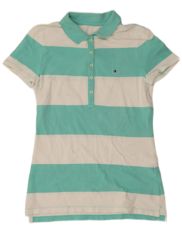 Tommy Hilfiger Womens Polo Shirt UK 10 Small Green Striped Cotton