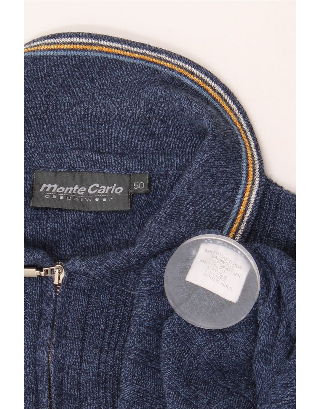 MONTE CARLO Mens Polo Neck Jumper Sweater IT 50 Medium Blue Geometric Vintage Monte Carlo and Second-Hand Monte Carlo from Messina Hembry 