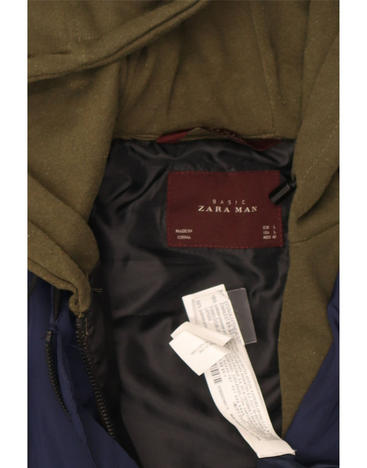 Мужская куртка-бомбер с капюшоном Zara UK 40, большая темно-синяя, полиэстер с цветными блоками