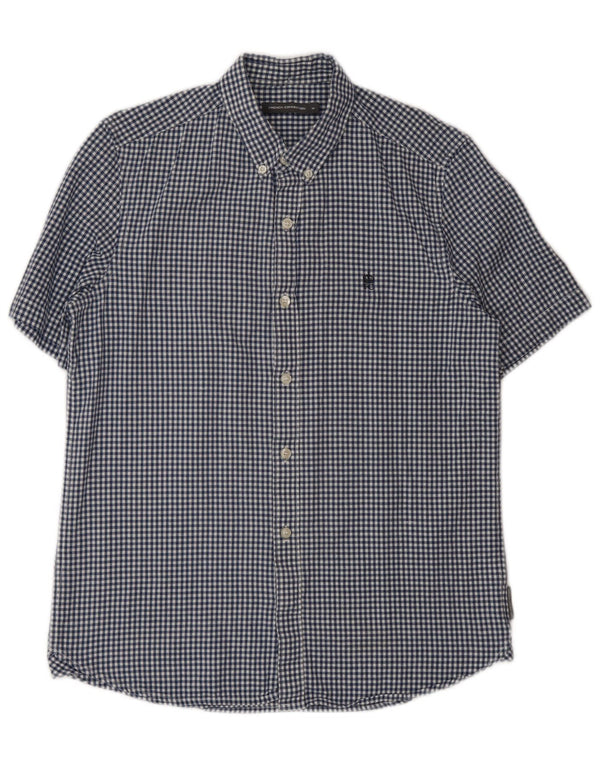 French Connection Mens Short Sleeve Shirt Medium Navy Blue Gingham Cotton