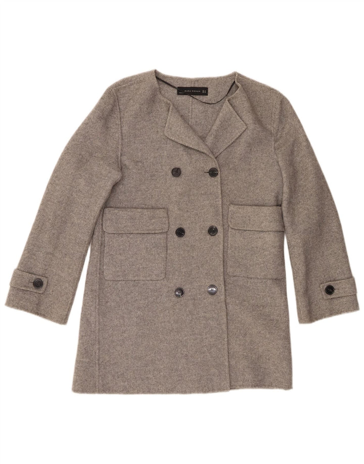 Женское двубортное пальто Zara UK 14, шерсть среднего серого цвета
