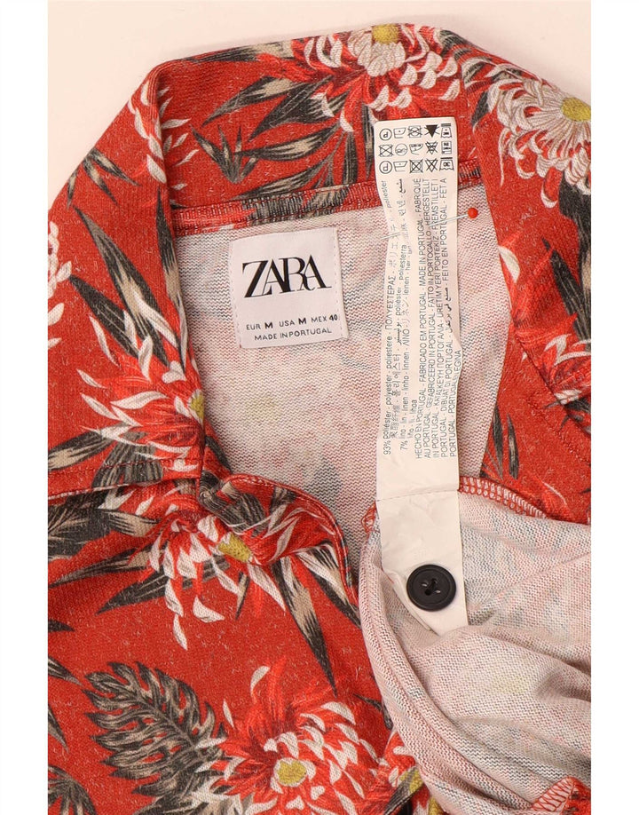 Мужская рубашка с коротким рукавом Zara, полиэстер среднего красного цвета с цветочным принтом