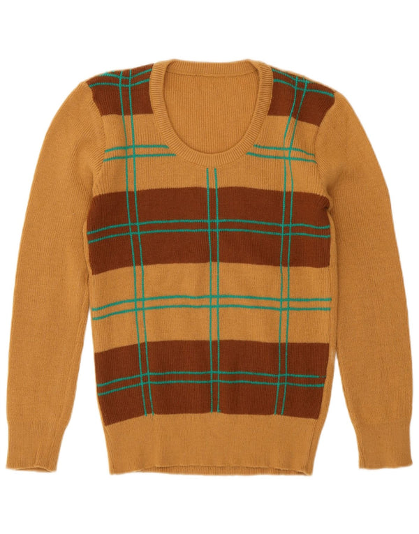 Винтажный женский джемпер с круглым вырезом, Великобритания, 12, средний коричневый цвет с геометрическим рисунком