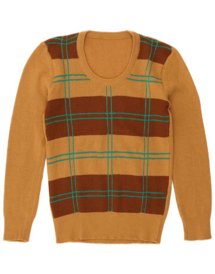 Винтажный женский джемпер с круглым вырезом, Великобритания, 12, средний коричневый цвет с геометрическим рисунком