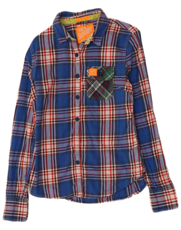 SUPERDRY Женская фланелевая рубашка UK 12, хлопковая синяя клетка среднего размера
