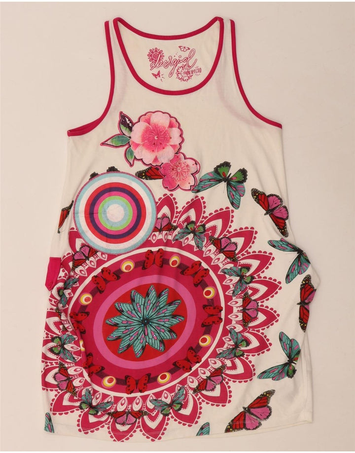 Платье-туника без рукавов с рисунком для девочек 11-12 лет, белое цветочное платье