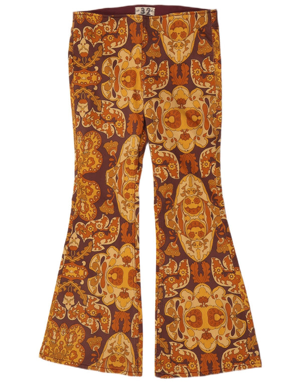 Винтажные женские повседневные брюки-клеш, Великобритания, 18 XL W36 L33, коричневые с геометрическим рисунком