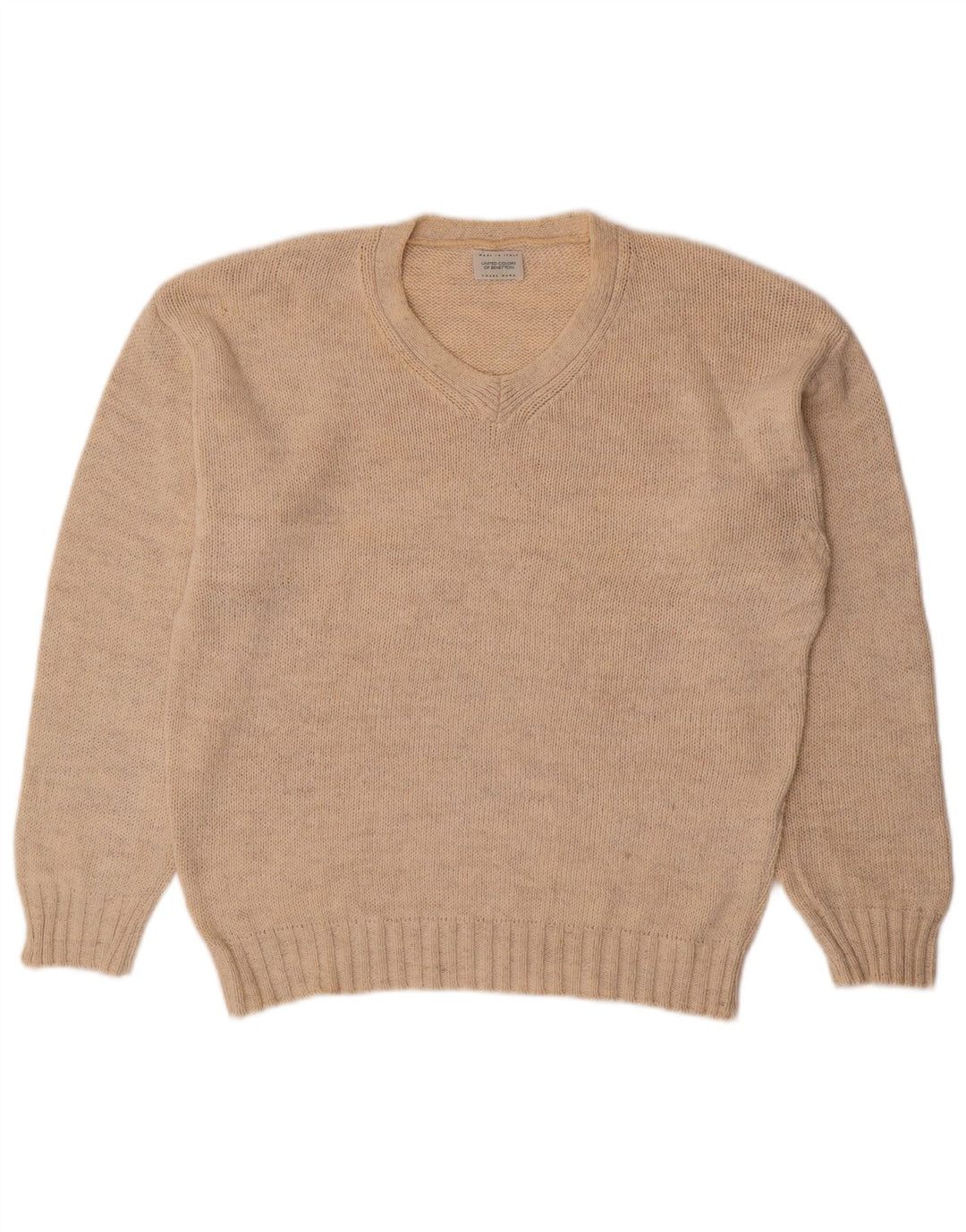 BENETTON Mens V-Neck Jumper Sweater Small Beige Cotton