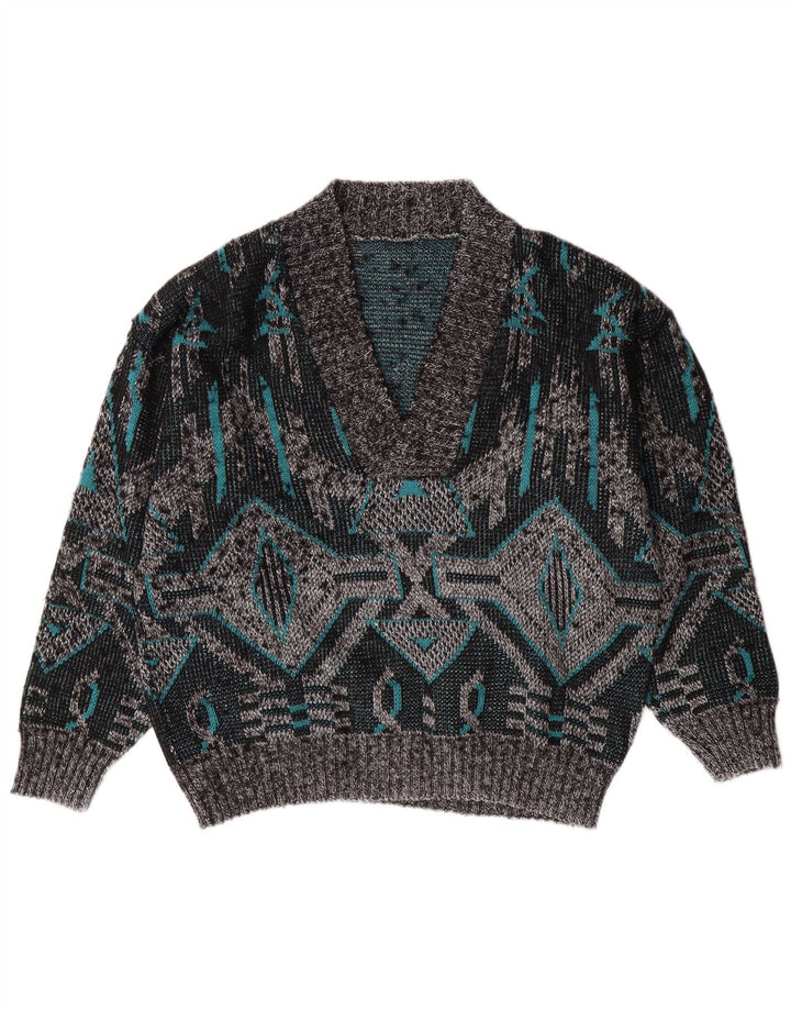 ВИНТАЖНЫЙ мужской джемпер с v-образным вырезом, большой серый геометрический узор