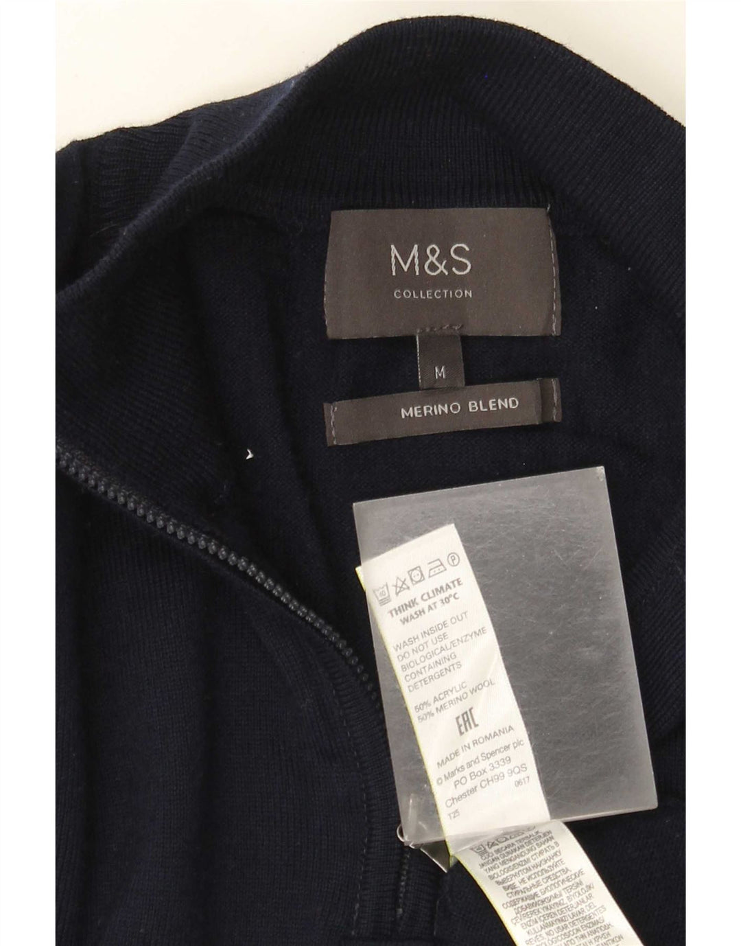 Мужской джемпер с воротником на молнии Marks & Spencer среднего размера, темно-синий, акрил