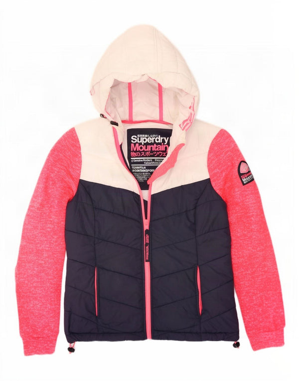 Женская утепленная куртка с капюшоном Superdry UK 12, средний темно-синий, цветной блок